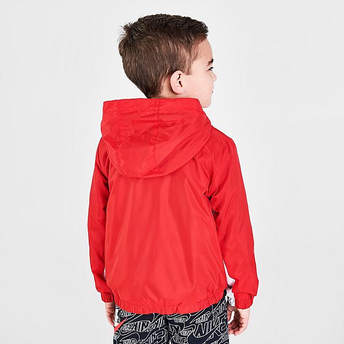Back Right view of Boys' Toddler Nike Sportswear Swoosh Fleece Lined Jacket in University Red/Black/White Click to zoom