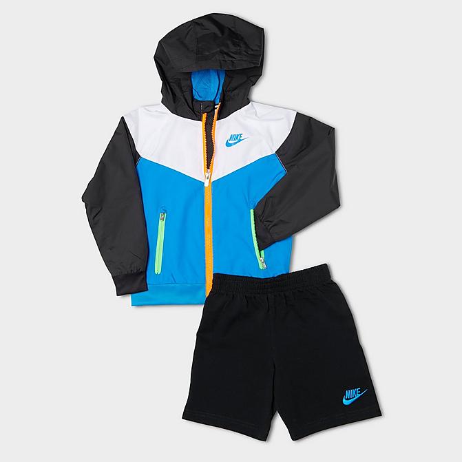 Front view of Kids' Toddler Nike Thrill Seeker Windrunner Jacket and Shorts Set in Photo Blue/Black/Total Orange/Green Click to zoom