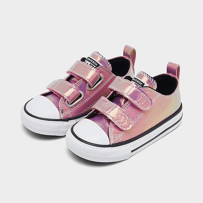 Three Quarter view of Girls' Toddler Converse Iridescent Glitter Chuck Taylor 2V Hook-and-Loop Casual Shoes in Magic Flamingo/Gold/Black Click to zoom