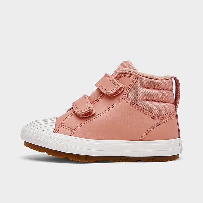 Right view of Girls' Toddler Converse Chuck Taylor All Star Berkshire Leather High Top Casual Boots in Rust Pink/Rust Pink/Pale Putty Click to zoom