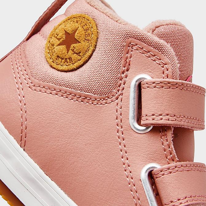 Front view of Girls' Toddler Converse Chuck Taylor All Star Berkshire Leather High Top Casual Boots in Rust Pink/Rust Pink/Pale Putty Click to zoom