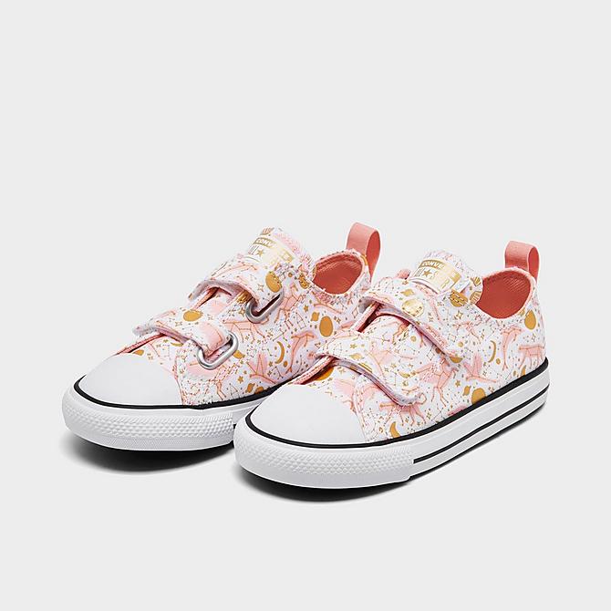 Three Quarter view of Girls' Toddler Converse Constellations Chuck Taylor All Star Hook-and-Loop Casual Shoes in White/Storm Pink/Gold Click to zoom