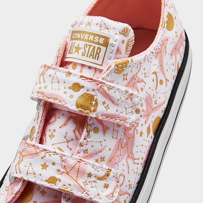 Front view of Girls' Toddler Converse Constellations Chuck Taylor All Star Hook-and-Loop Casual Shoes in White/Storm Pink/Gold Click to zoom