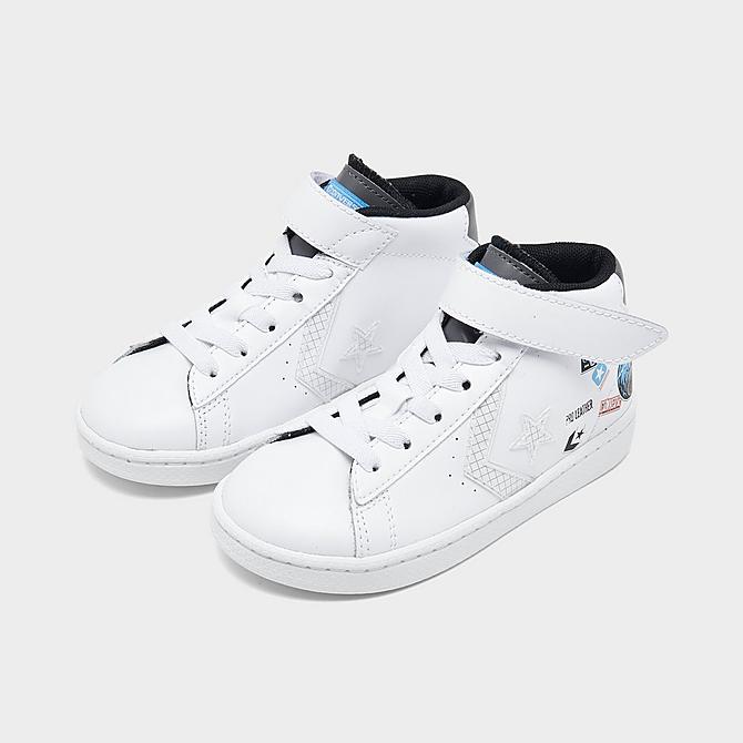 Three Quarter view of Kids' Toddler Converse Jump Ball Pro Leather High Top Casual Shoes in White/White/Multi Click to zoom