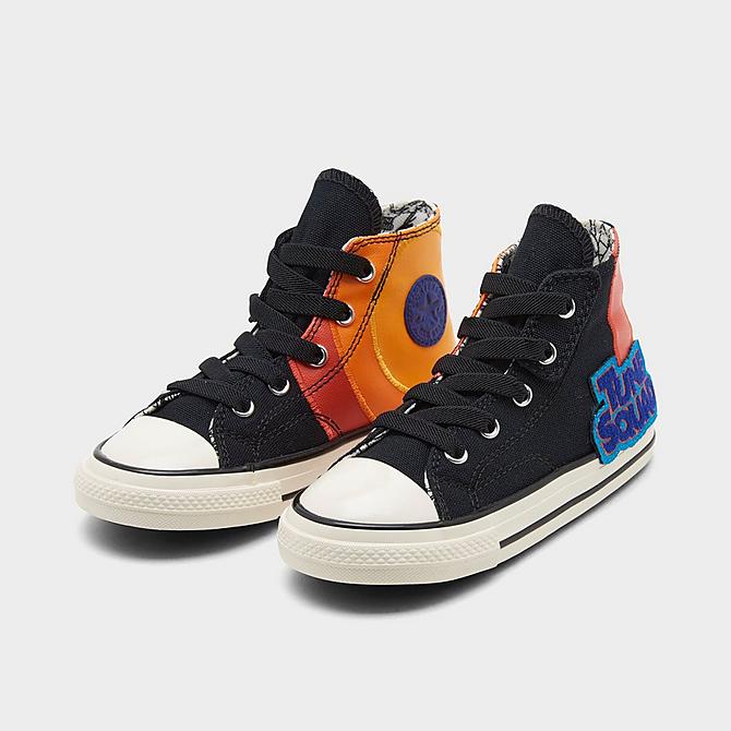 Three Quarter view of Kids' Toddler Converse x Space Jam Chuck Taylor All Star 70 High Top Casual Shoes in Black/Light Blue Fury/Mantra Orange/Bright Mandarin Click to zoom
