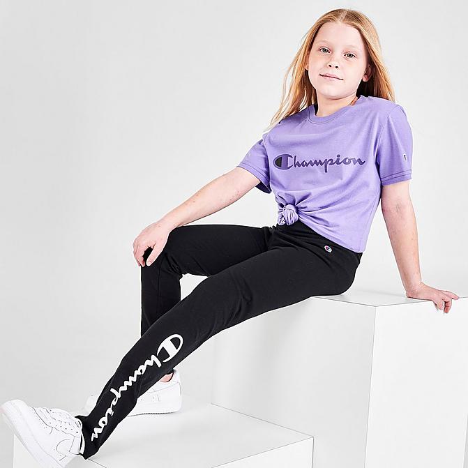 Front view of Girls' Champion Script Logo Leggings in Black Click to zoom