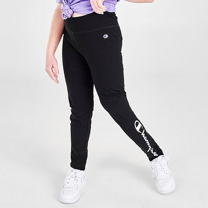 Front Three Quarter view of Girls' Champion Script Logo Leggings in Black Click to zoom