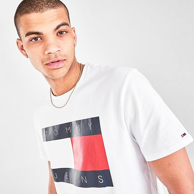 On Model 6 view of Men's Tommy Jeans Classic Flag T-Shirt in Bright White Click to zoom