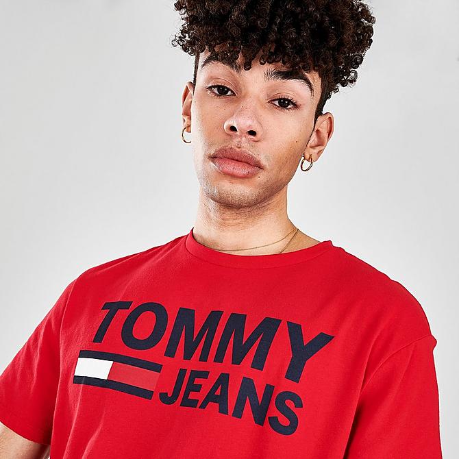 On Model 5 view of Men's Tommy Jeans Lockup T-Shirt in Apple Red Click to zoom