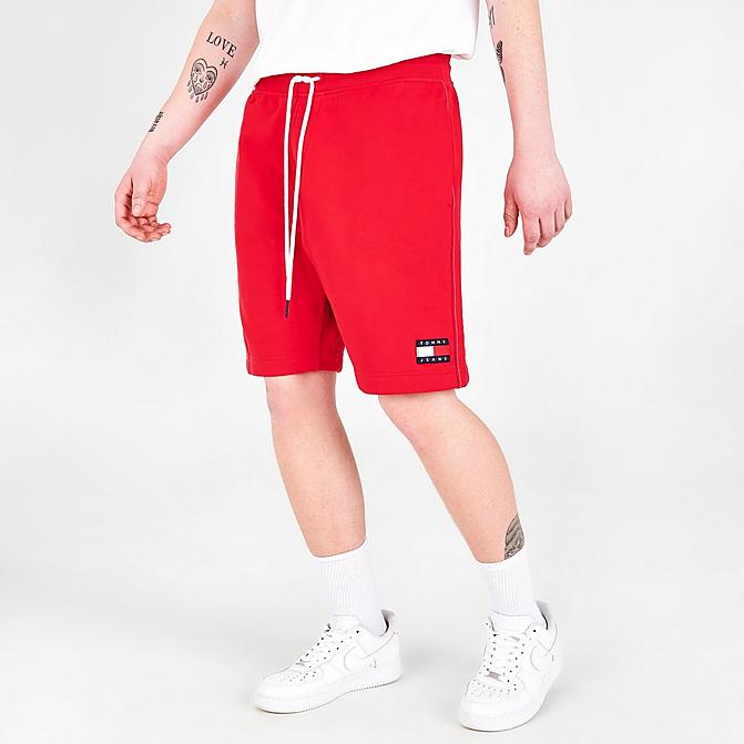 Front view of Men's Tommy Jeans Drawstring Fleece Shorts in Blush Red Click to zoom