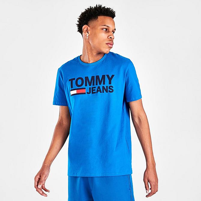 Back Left view of Men's Tommy Jeans Lockup Graphic Print T-Shirt in Blue Craze Click to zoom