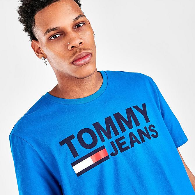 On Model 5 view of Men's Tommy Jeans Lockup Graphic Print T-Shirt in Blue Craze Click to zoom