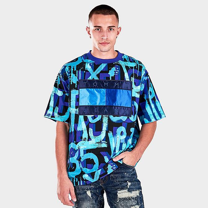 Front view of Men's Tommy Jeans Allover Print T-Shirt in Blue River Click to zoom