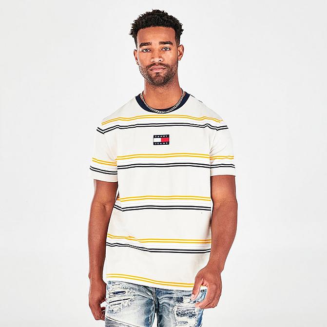 Front view of Men's Tommy Jeans Barton Stripe Short-Sleeve T-Shirt in Oatmeal Click to zoom