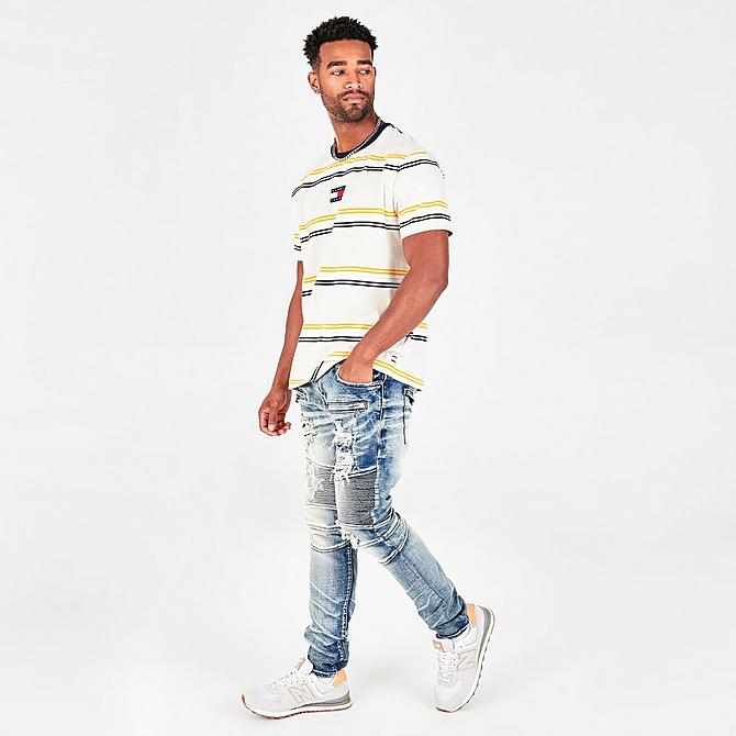 Front Three Quarter view of Men's Tommy Jeans Barton Stripe Short-Sleeve T-Shirt in Oatmeal Click to zoom