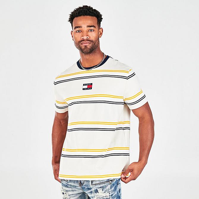 Back Right view of Men's Tommy Jeans Barton Stripe Short-Sleeve T-Shirt in Oatmeal Click to zoom