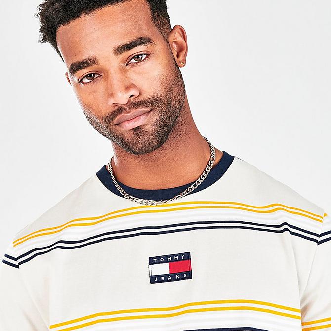 On Model 6 view of Men's Tommy Jeans Barton Stripe Short-Sleeve T-Shirt in Oatmeal Click to zoom