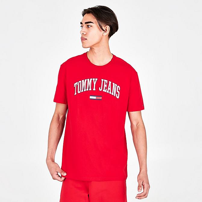 Front view of Men's Tommy Jeans Arched Logo Graphic Print T-Shirt in Blush Red Click to zoom