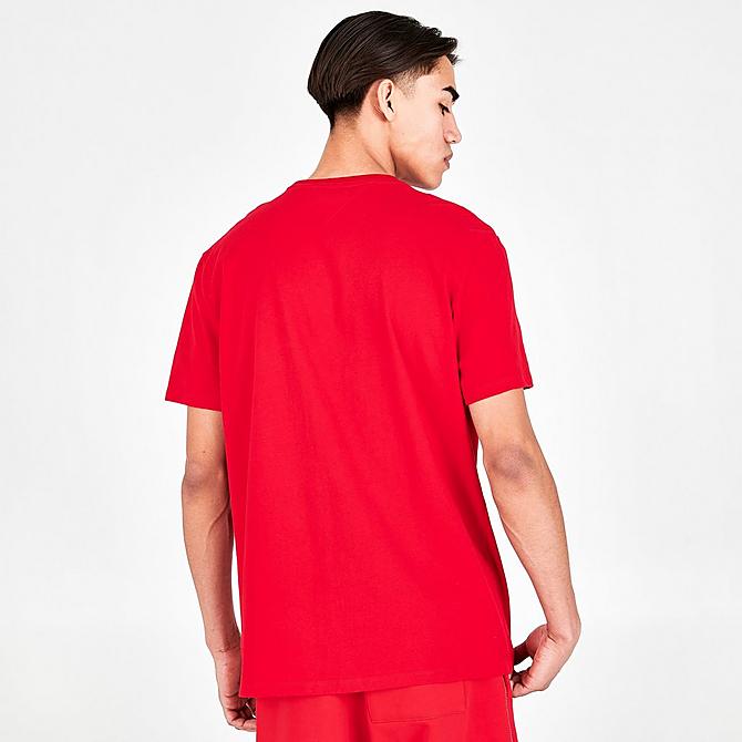 Back Right view of Men's Tommy Jeans Arched Logo Graphic Print T-Shirt in Blush Red Click to zoom