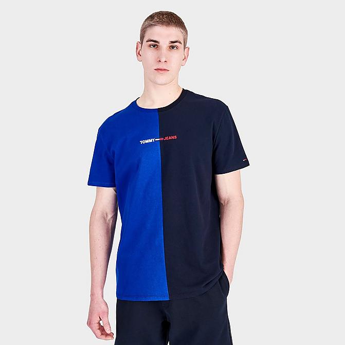 Front view of Men's Tommy Jeans Split Linear Logo Short-Sleeve T-Shirt in Cobalt/Black Click to zoom