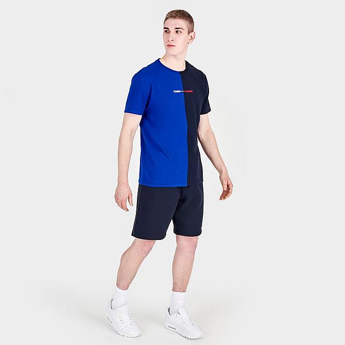 Front Three Quarter view of Men's Tommy Jeans Split Linear Logo Short-Sleeve T-Shirt in Cobalt/Black Click to zoom