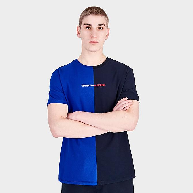 Back Left view of Men's Tommy Jeans Split Linear Logo Short-Sleeve T-Shirt in Cobalt/Black Click to zoom
