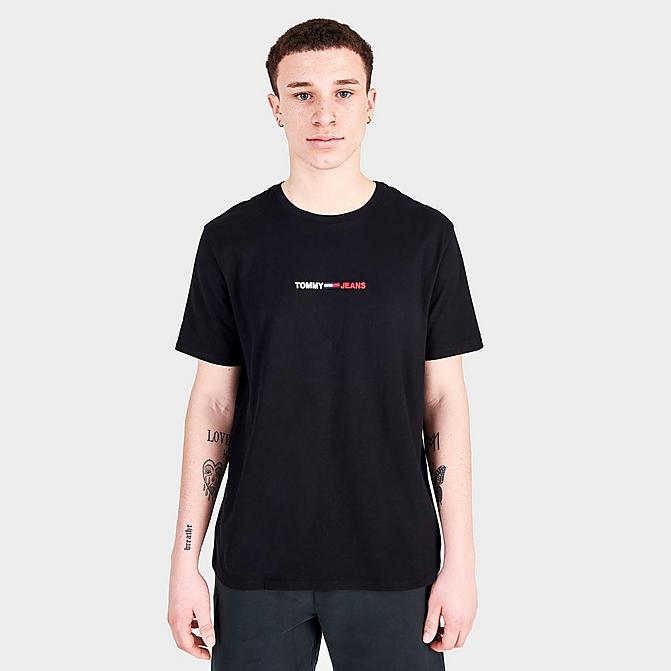 Front view of Men's Tommy Jeans Linear Logo Short-Sleeve T-Shirt in Deep Black Click to zoom