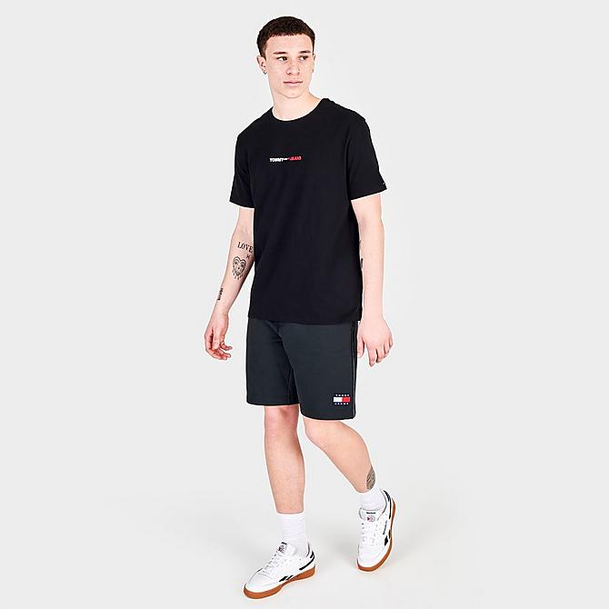 Front Three Quarter view of Men's Tommy Jeans Linear Logo Short-Sleeve T-Shirt in Deep Black Click to zoom