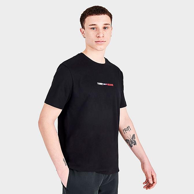 Back Left view of Men's Tommy Jeans Linear Logo Short-Sleeve T-Shirt in Deep Black Click to zoom