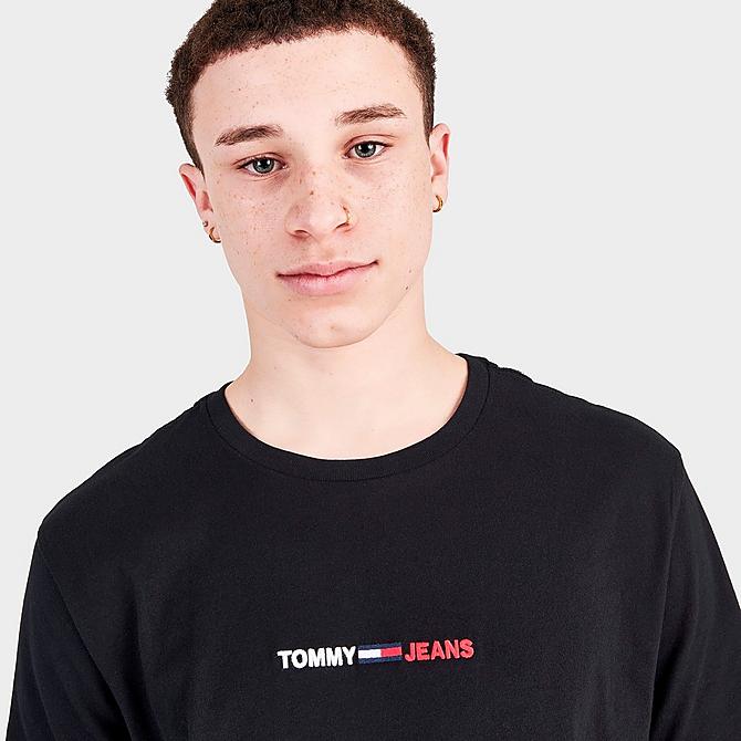 On Model 5 view of Men's Tommy Jeans Linear Logo Short-Sleeve T-Shirt in Deep Black Click to zoom