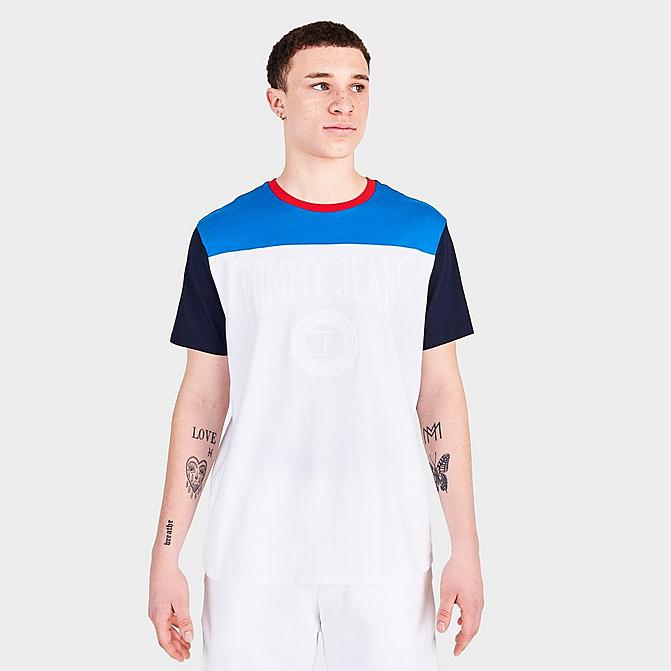 Front view of Men's Tommy Jeans Titanium Graphic Print Short-Sleeve T-Shirt in White/Multicolor Click to zoom