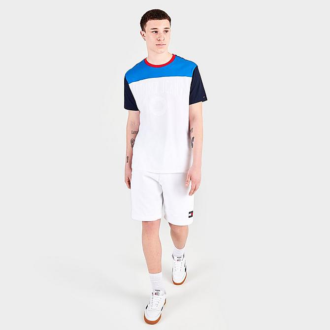Front Three Quarter view of Men's Tommy Jeans Titanium Graphic Print Short-Sleeve T-Shirt in White/Multicolor Click to zoom
