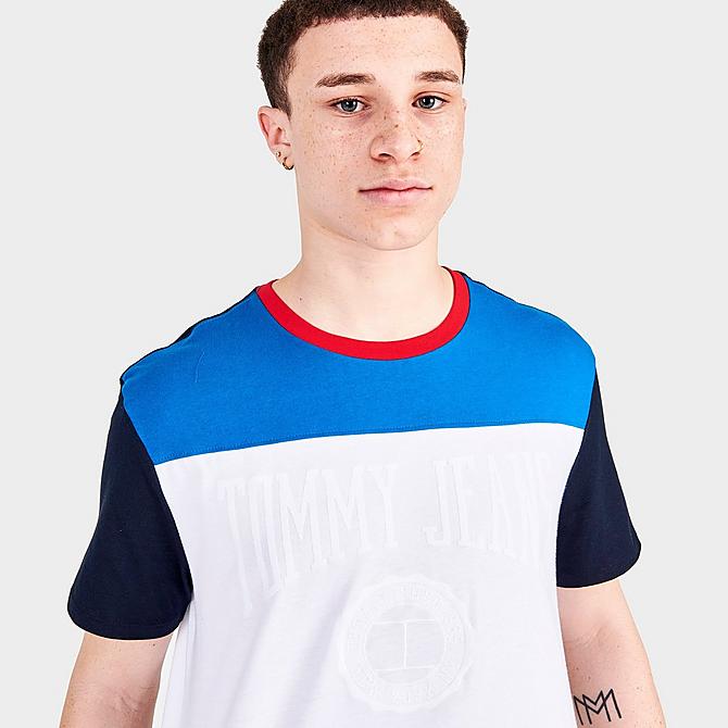 On Model 5 view of Men's Tommy Jeans Titanium Graphic Print Short-Sleeve T-Shirt in White/Multicolor Click to zoom