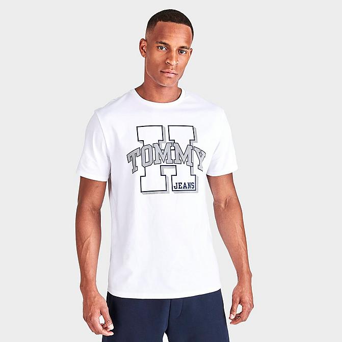 Front view of Men's Tommy Jeans Steel Graphic Print Short-Sleeve T-Shirt in White Click to zoom
