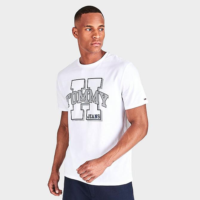 Back Left view of Men's Tommy Jeans Steel Graphic Print Short-Sleeve T-Shirt in White Click to zoom