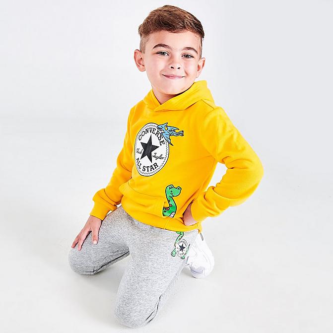 Front view of Boys' Toddler Converse Dino Friends Hoodie and Jogger Pants Set in Yellow/Grey Click to zoom