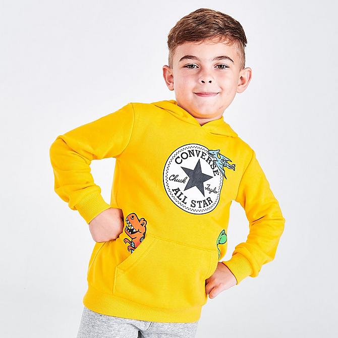 Back Left view of Boys' Toddler Converse Dino Friends Hoodie and Jogger Pants Set in Yellow/Grey Click to zoom