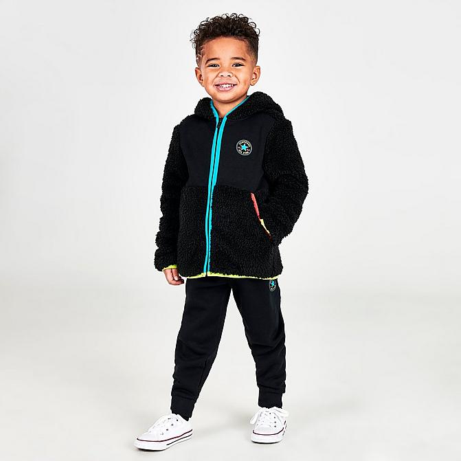 Front view of Boys' Toddler Converse All Star Sherpa Full-Zip Jacket and Jogger Pants Set in Black/Rapid Teal/Lemon Twist/Poppy Click to zoom