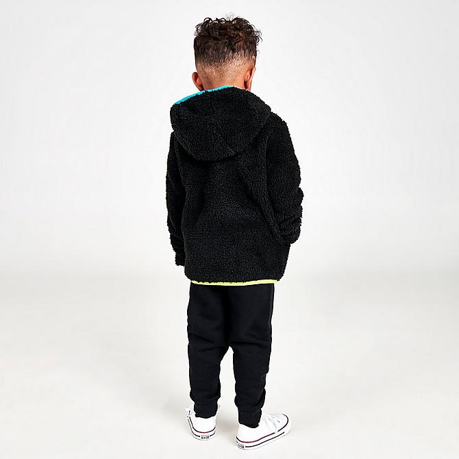 Front Three Quarter view of Boys' Toddler Converse All Star Sherpa Full-Zip Jacket and Jogger Pants Set in Black/Rapid Teal/Lemon Twist/Poppy Click to zoom