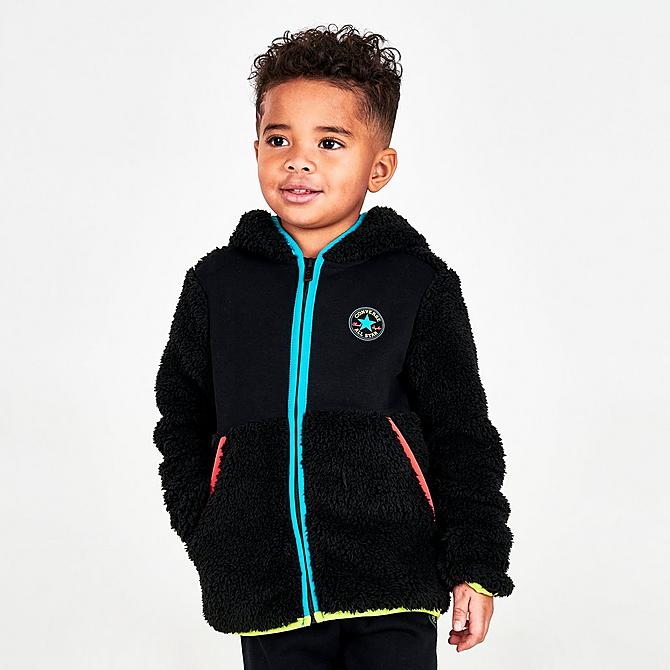 Back Left view of Boys' Toddler Converse All Star Sherpa Full-Zip Jacket and Jogger Pants Set in Black/Rapid Teal/Lemon Twist/Poppy Click to zoom