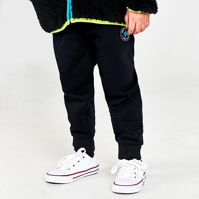 Back Right view of Boys' Toddler Converse All Star Sherpa Full-Zip Jacket and Jogger Pants Set in Black/Rapid Teal/Lemon Twist/Poppy Click to zoom