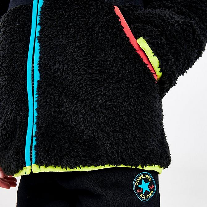 On Model 6 view of Boys' Toddler Converse All Star Sherpa Full-Zip Jacket and Jogger Pants Set in Black/Rapid Teal/Lemon Twist/Poppy Click to zoom