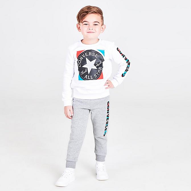 Front view of Boys' Toddler Converse All Star Gem Z Crewneck Sweatshirt and Jogger Pants Set in Dark Grey Heather/Rapid Teal/Poppy Glow Click to zoom