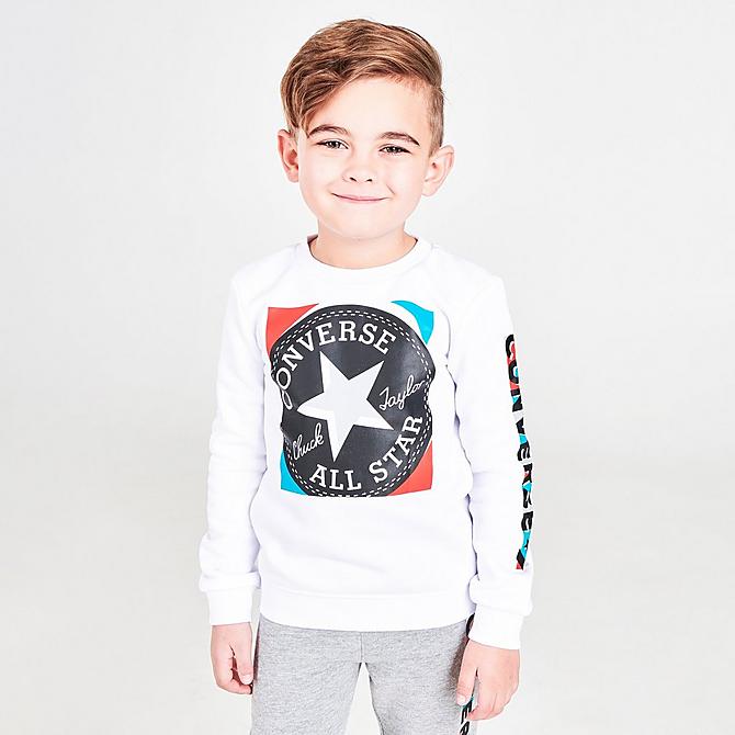 Back Left view of Boys' Toddler Converse All Star Gem Z Crewneck Sweatshirt and Jogger Pants Set in Dark Grey Heather/Rapid Teal/Poppy Glow Click to zoom