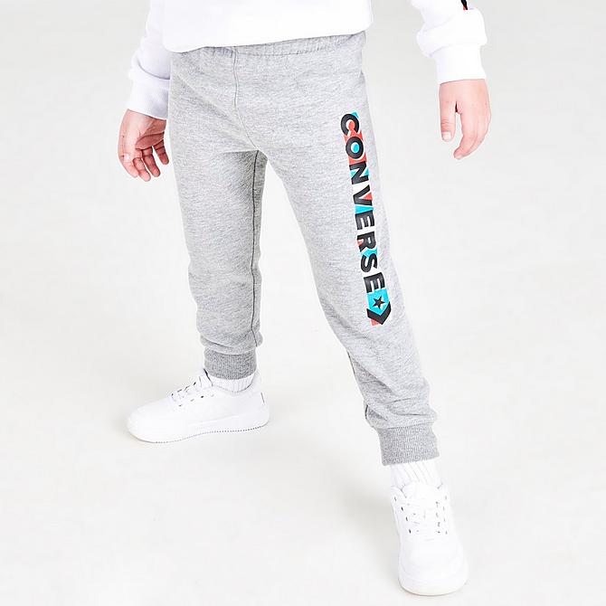Back Right view of Boys' Toddler Converse All Star Gem Z Crewneck Sweatshirt and Jogger Pants Set in Dark Grey Heather/Rapid Teal/Poppy Glow Click to zoom