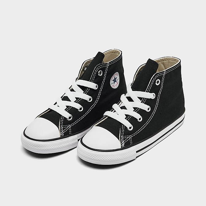 Three Quarter view of Kids' Toddler Converse Chuck Taylor Hi Casual Shoes in Black Click to zoom