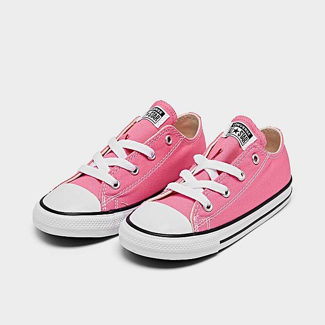 Three Quarter view of Girls' Toddler Converse Chuck Taylor Low Top Casual Shoes in Pink Click to zoom