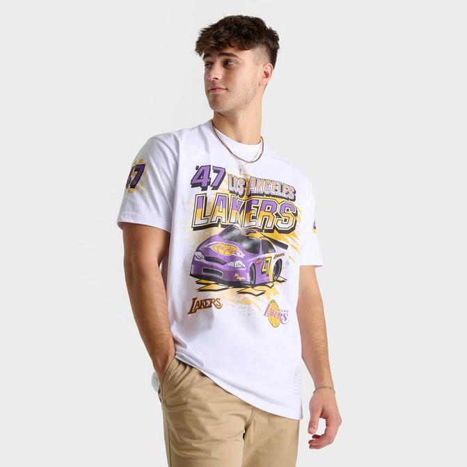 [angle] view of Men's Mitchell & Ness Los Angeles Lakers NBA Speedway Graphic T-Shirt in White Click to zoom