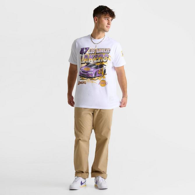 [angle] view of Men's Mitchell & Ness Los Angeles Lakers NBA Speedway Graphic T-Shirt in White Click to zoom