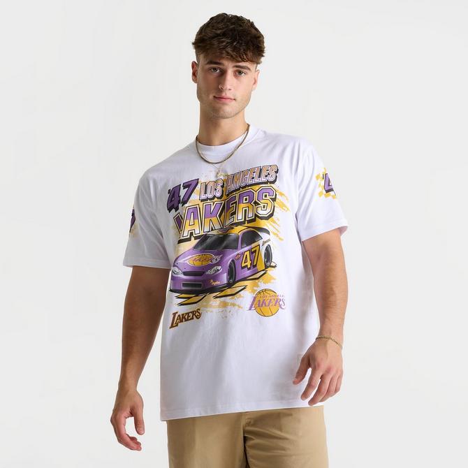 [angle] view of Men's Mitchell & Ness Los Angeles Lakers NBA Speedway Graphic T-Shirt in White Click to zoom